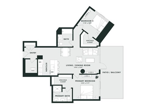 Floor plan for 2 beds, 2 baths, 1104 sqft